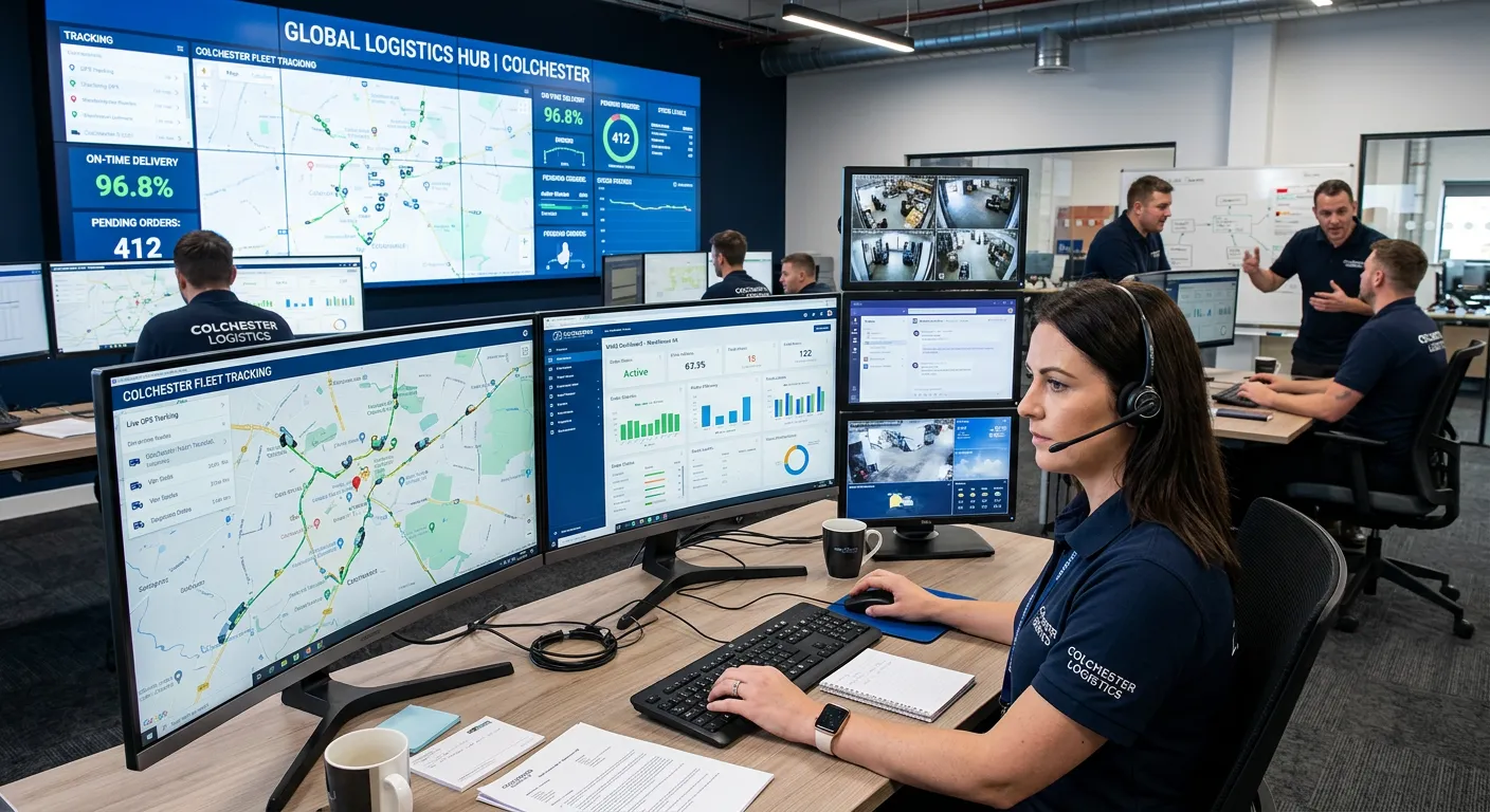 A dynamic, modern logistics control room in Colchester, showing a coordinator at a dual-monitor work... A dynamic, modern logistics control room in Colchester, showing a coordinator at a dual-monitor workstation with multiple screens displaying live GPS tracking maps, warehouse management system dashboards, and communication software, with a team collaborating in the background.