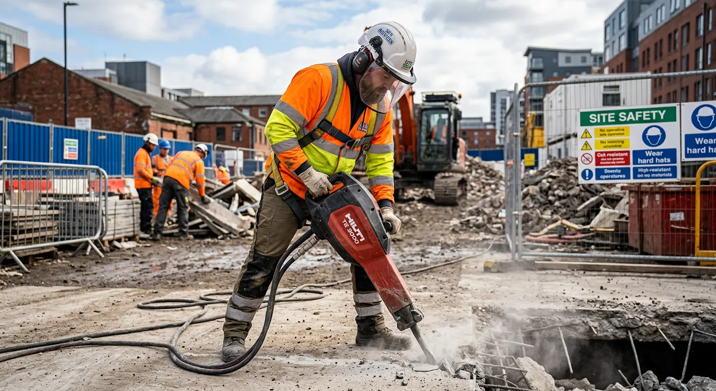 A professional, action-oriented photo of a demolition operative in high-visibility PPE, safely opera... A professional, action-oriented photo of a demolition operative in high-visibility PPE, safely operating a tool like a Kango hammer or clearing debris on a controlled construction site in the UK. The image should convey safety, skill, and industriousness.