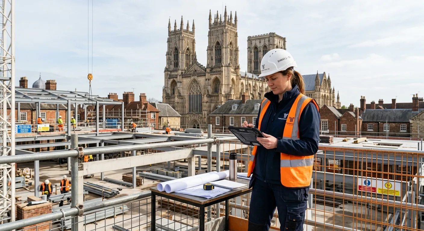 Professional, high-resolution image of a modern Quantity Surveyor at work on a construction site in... Professional, high-resolution image of a modern Quantity Surveyor at work on a construction site in York, reviewing plans on a tablet with historic York Minster visible in the background. Style: Confident, practical, and location-specific.