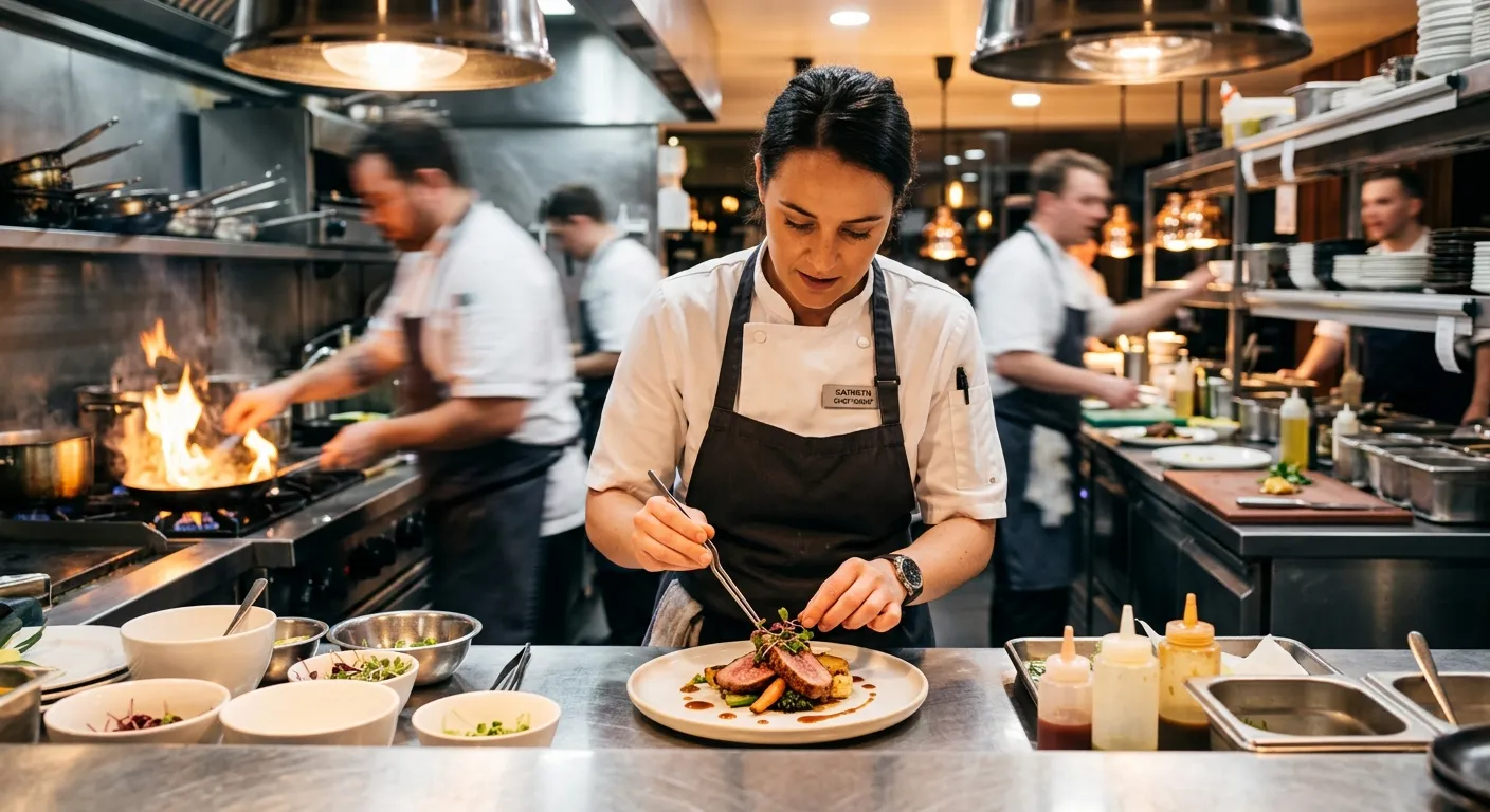 A professional, high-energy kitchen scene with a temporary chef in crisp whites expertly plating a dish in a busy restaurant. Style: modern, vibrant, and professional. Mood: dynamic, skilled, and reliable.