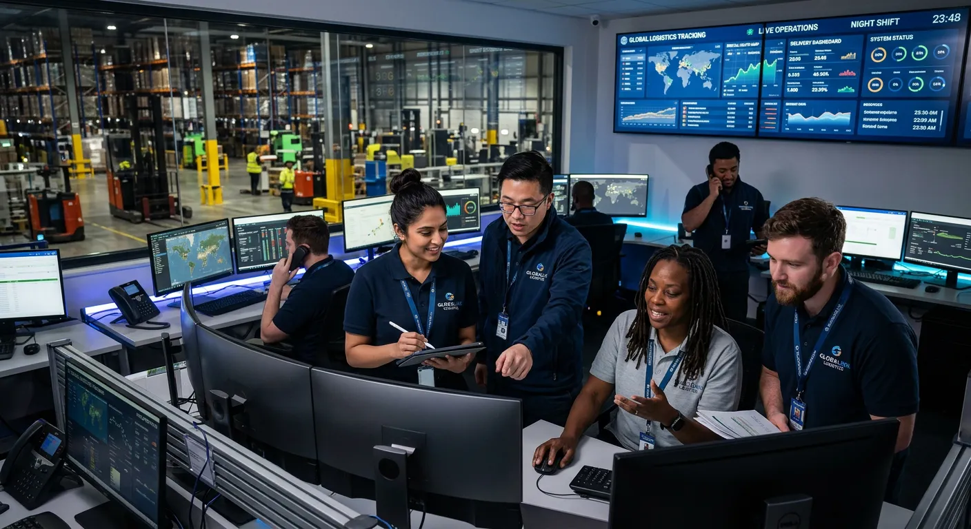 A dynamic, professional shot of a diverse team of workers collaborating in a modern, well-lit control room or warehouse environment at night, with monitors and data screens visible, conveying energy and competence.