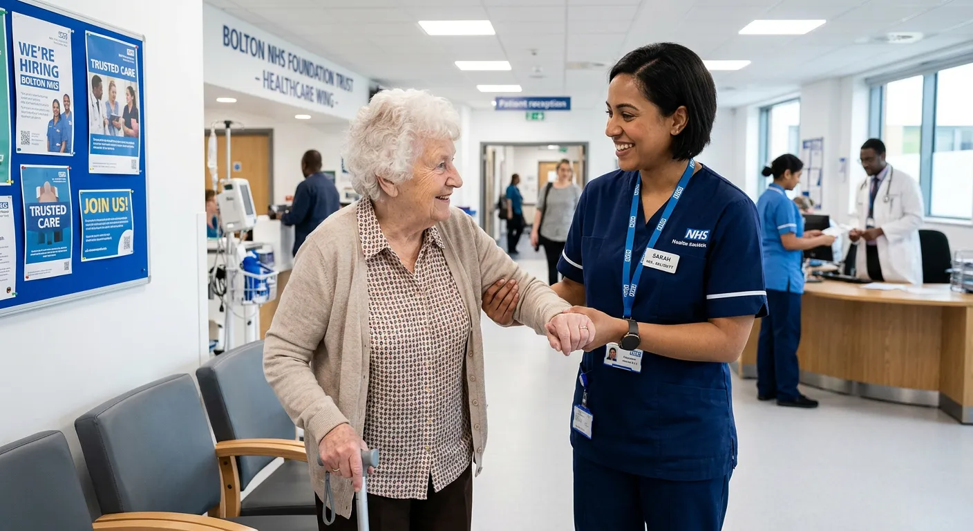 A professional, confident Healthcare Assistant in a modern clinical environment in Bolton, smiling while assisting a patient, conveying a sense of care, trust, and immediate opportunity.