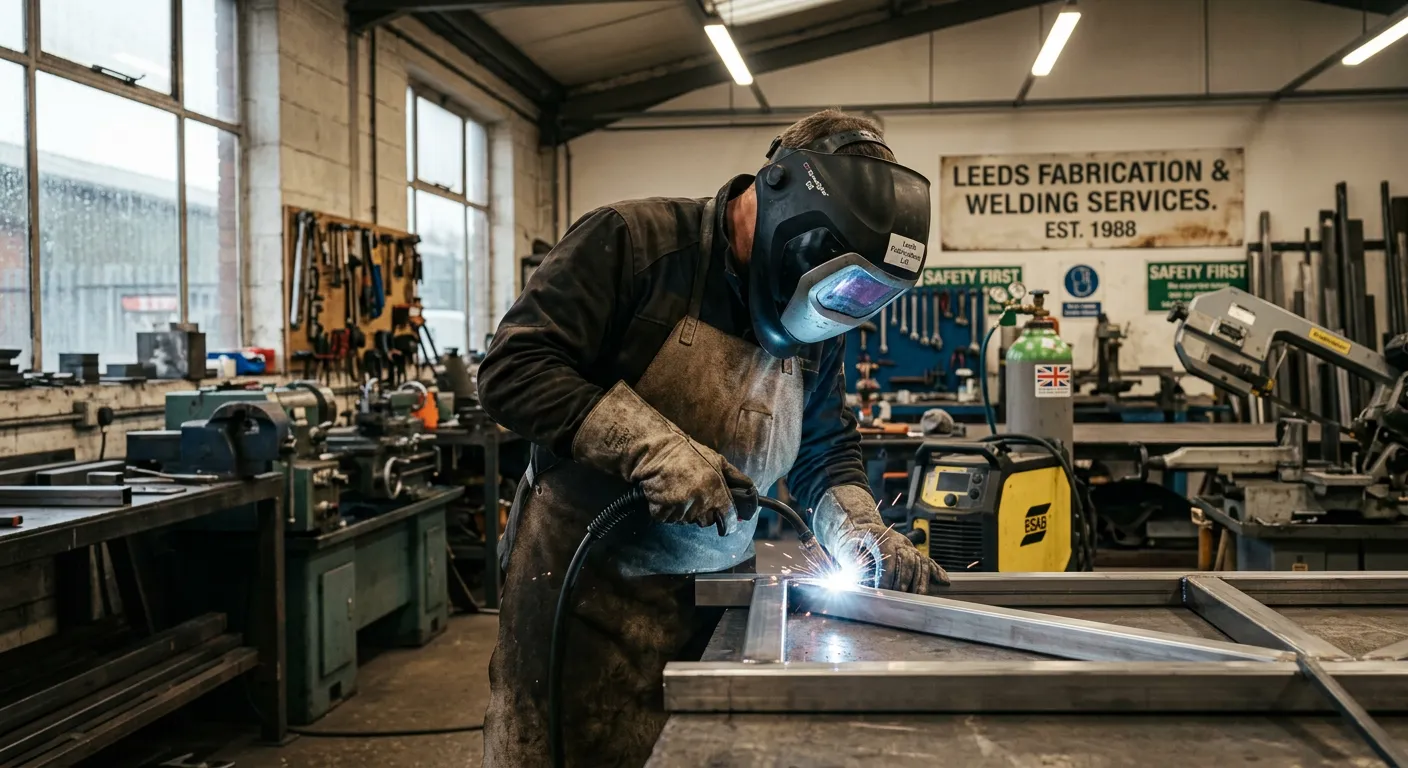 A skilled welder/fabricator in a well-lit workshop in Leeds, focusing intently on joining metal components with an arc welder, wearing full PPE including a helmet, gloves, and protective apron. The image should convey professionalism, precision, and industrial capability.