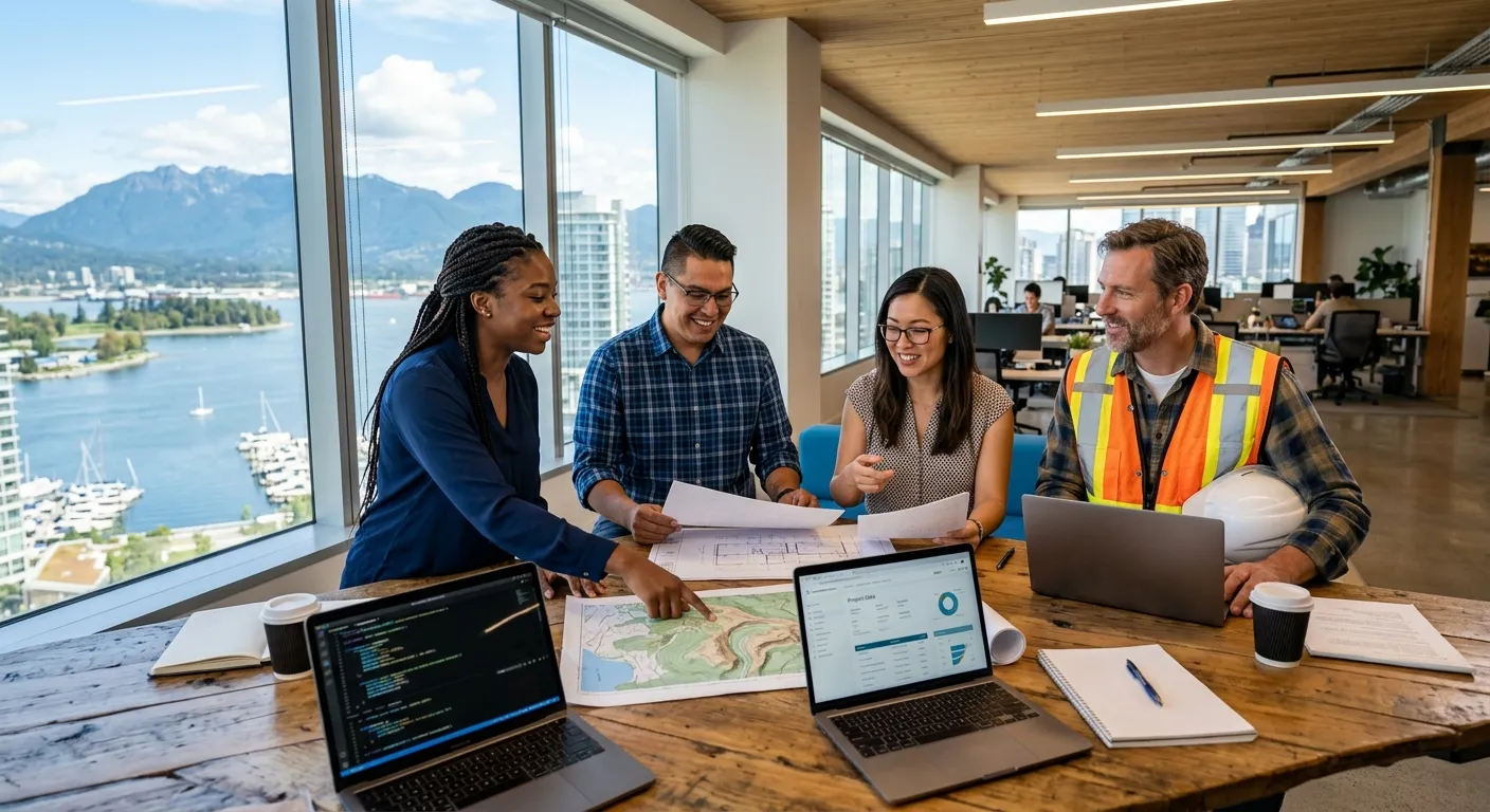 A professional, diverse group of workers collaborating in a modern British Columbia workplace settin... A professional, diverse group of workers collaborating in a modern British Columbia workplace setting, such as a tech office, agricultural field, or construction site. Style should be bright, optimistic, and convey teamwork and productivity.