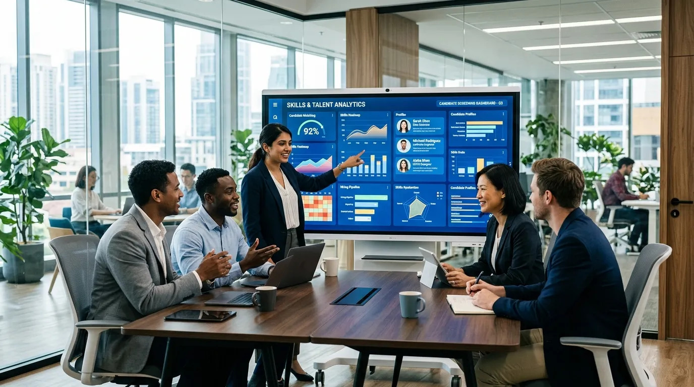 A modern, dynamic hero image showing a diverse team of professionals collaborating in a bright, tech-forward office. A central screen displays data analytics and candidate profiles, symbolizing efficient screening. Style: Professional, optimistic, high-tech. Mood: Innovative, productive, and forward-looking.