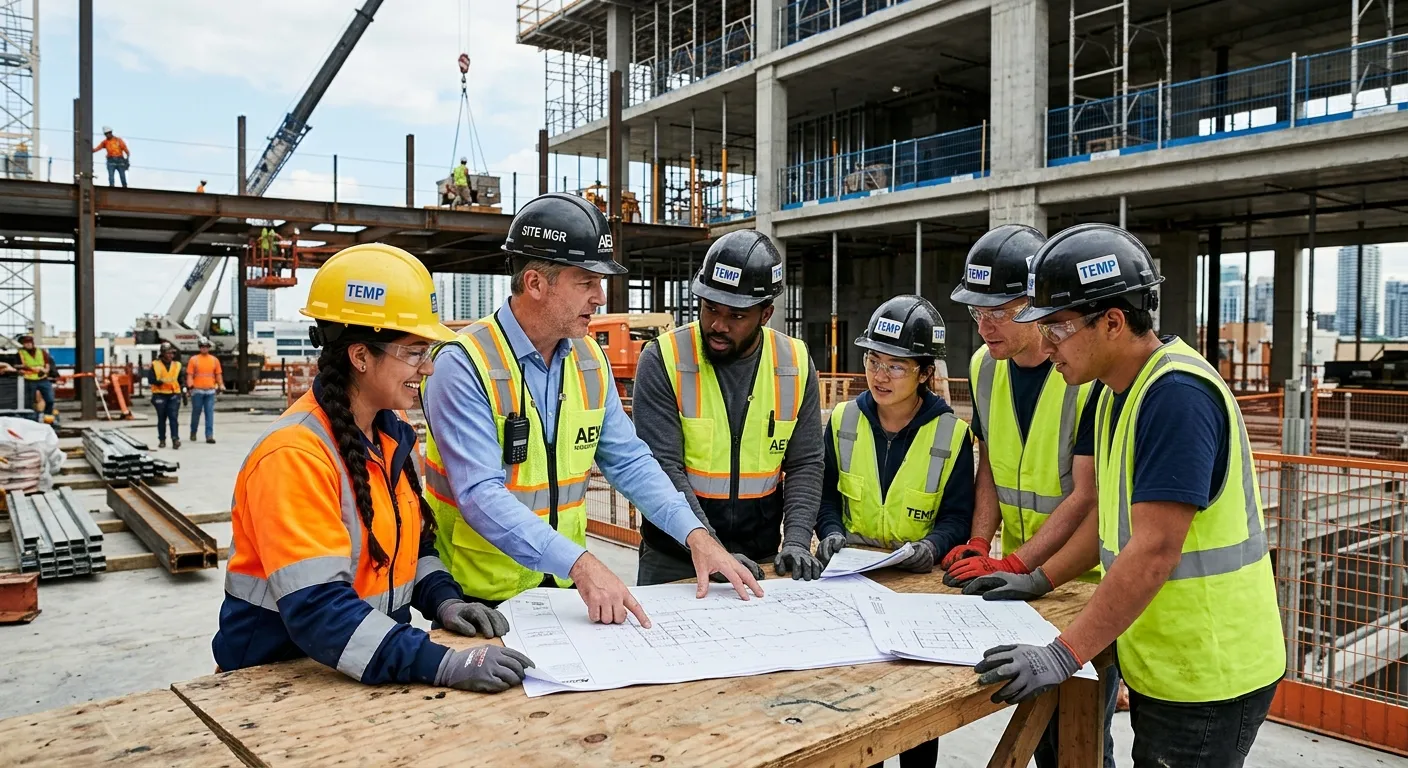 A dynamic, professional photo of a diverse team of temporary workers collaborating with a site manager on a modern construction site. Style: Authentic, high-energy, with a focus on teamwork and efficiency. Mood: Professional, productive, and scalable.