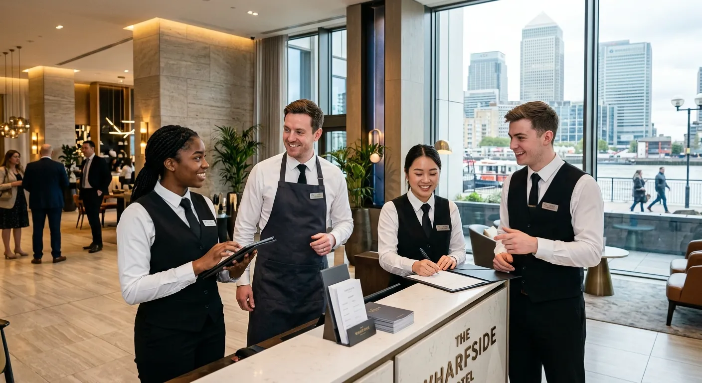 A professional, dynamic photo of a diverse team of hospitality staff in smart black and white unifor... A professional, dynamic photo of a diverse team of hospitality staff in smart black and white uniforms, smiling and working together in a bright, modern restaurant or hotel lobby in Canary Wharf. The mood is energetic, professional, and welcoming.