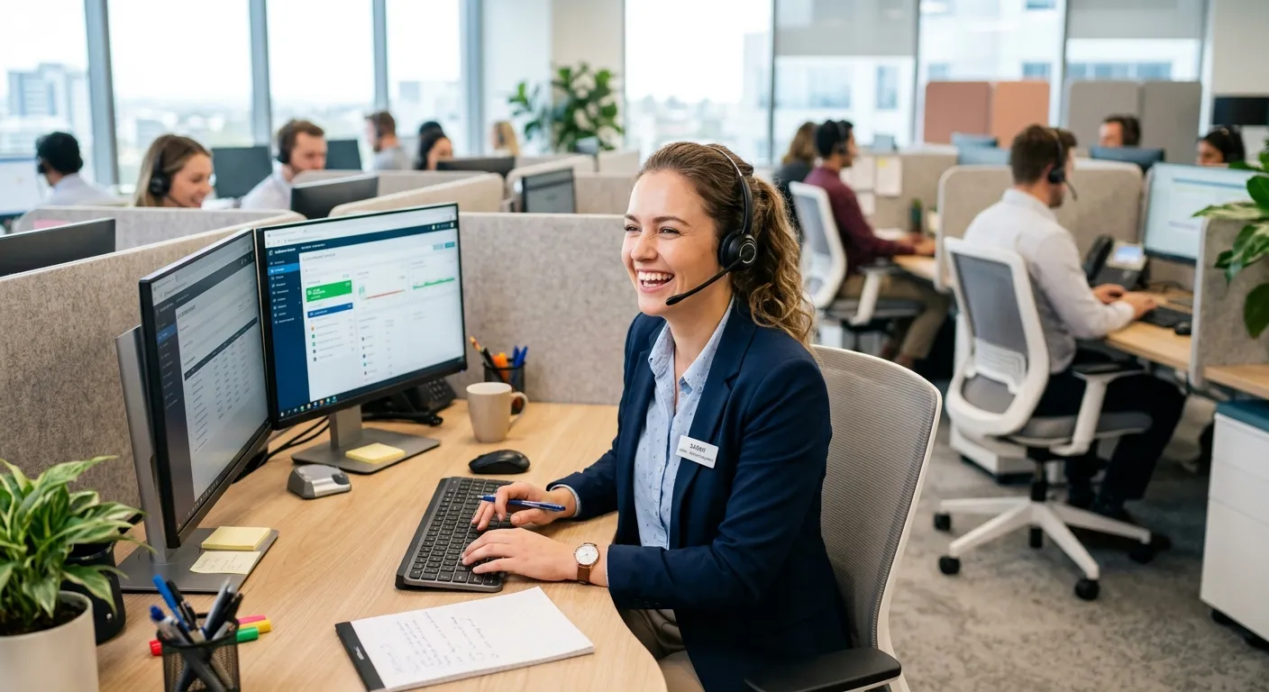 A professional, friendly Call Centre Agent wearing a headset, smiling and working in a modern, bright office setting. The image should convey professionalism, communication, and a positive work environment. Style: Professional photography, bright and inviting mood.