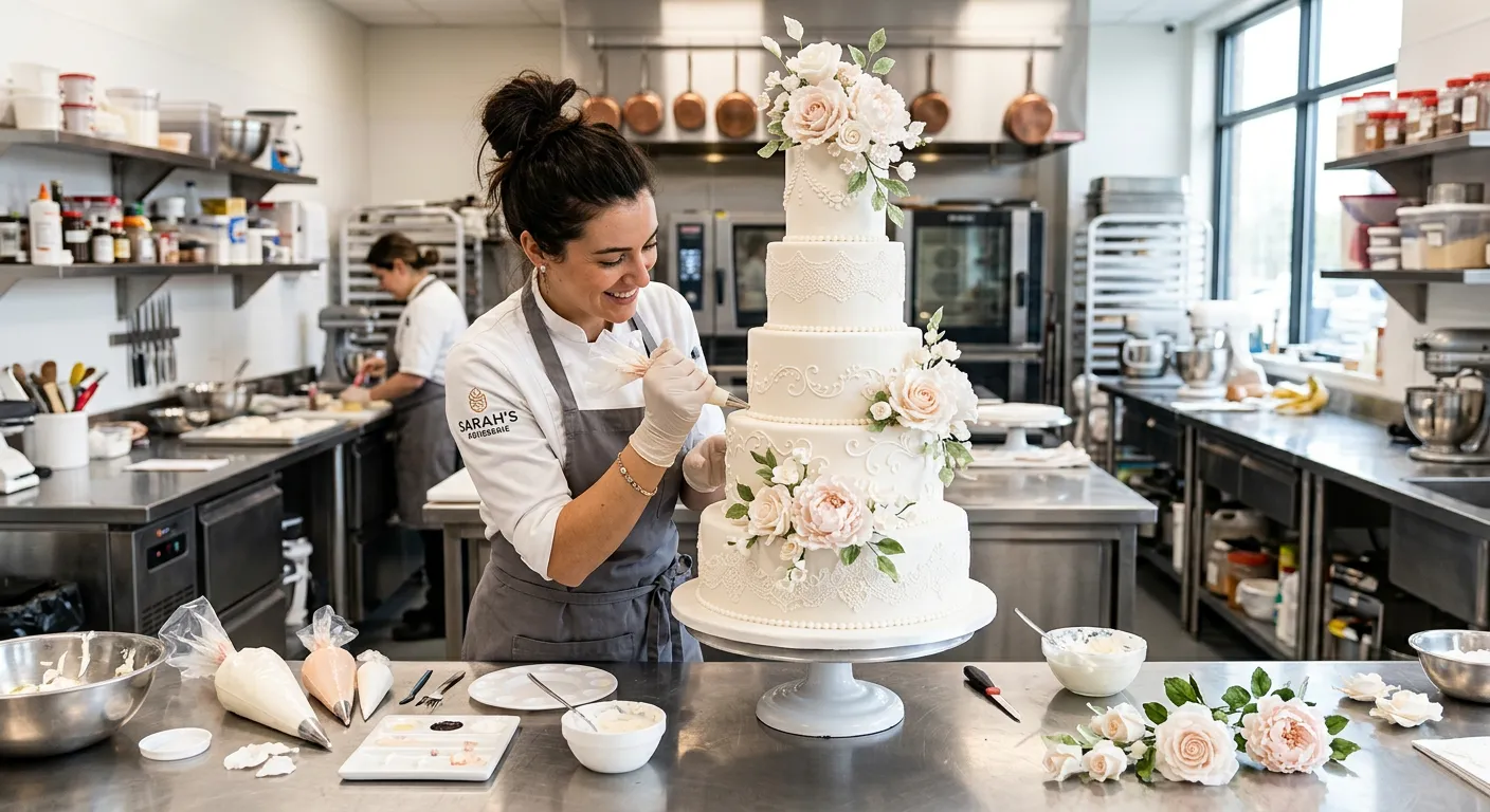 A dynamic, high-energy shot of a pastry chef meticulously decorating a multi-tiered wedding cake in a modern, spotless commercial kitchen. The mood is professional, inspiring, and full of opportunity.