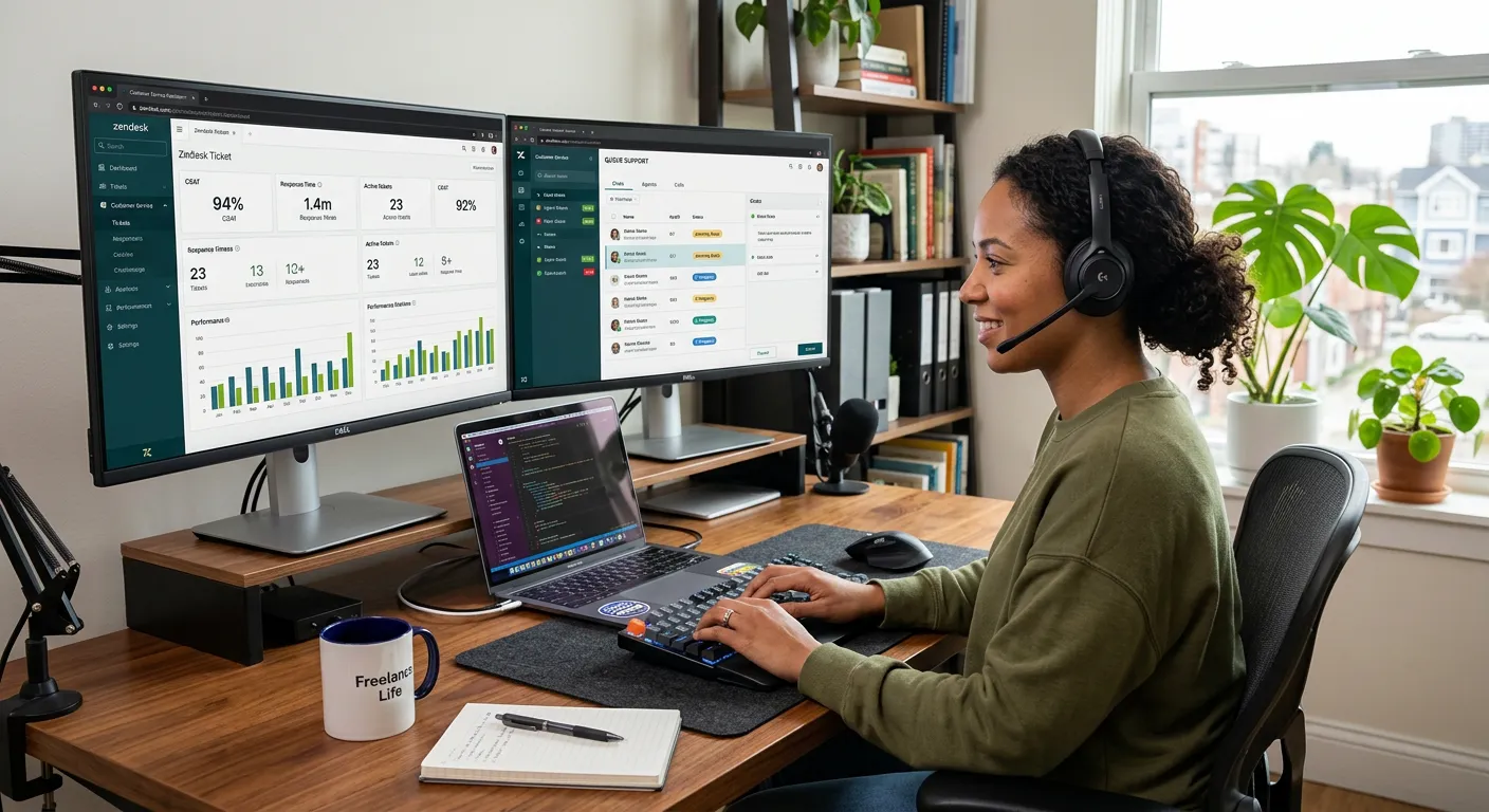 A modern, professional workspace with multiple monitors showing customer service dashboards, a heads... A modern, professional workspace with multiple monitors showing customer service dashboards, a headset, and a laptop, with a diverse freelancer working remotely. Mood: Productive, tech-savvy, and flexible.