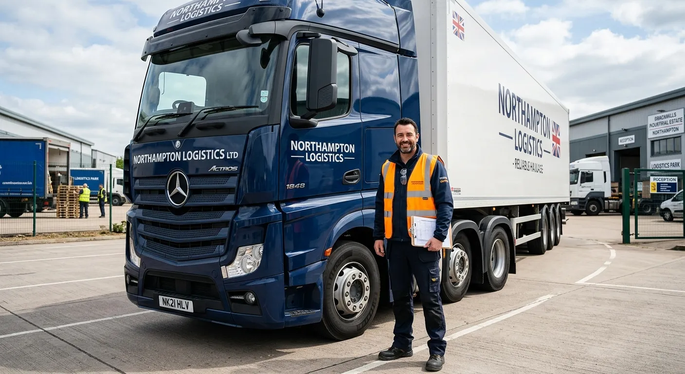 A professional, confident HGV Driver in a hi-vis vest, standing beside a modern Class 1 articulated lorry at a logistics park in Northampton. The image conveys reliability, safety, and a sense of opportunity.