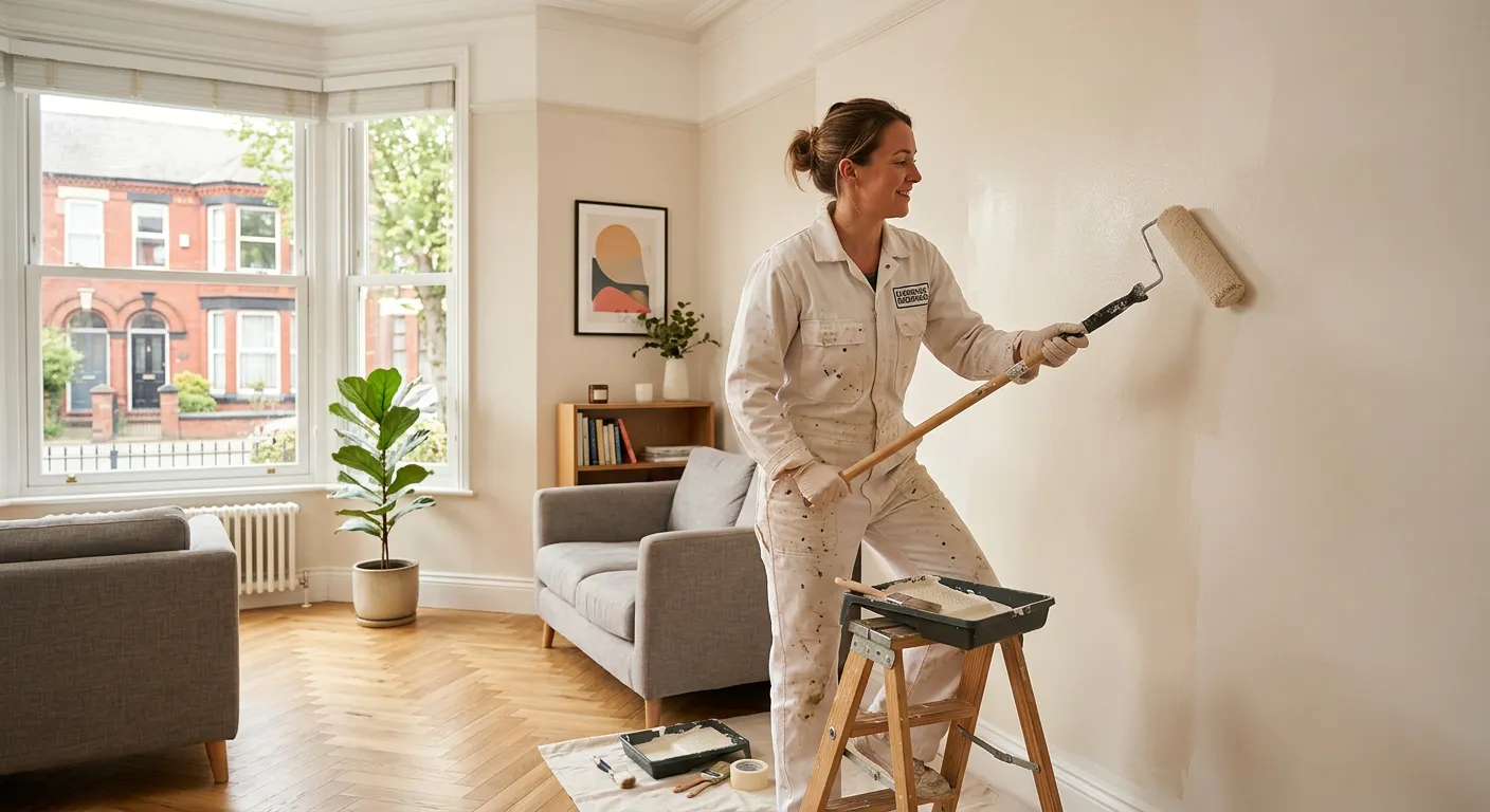 A professional painter decorator in a clean white overall using a roller on a large wall in a bright, modern Liverpool L8 home. Natural lighting, warm and inviting atmosphere, high-quality finish.