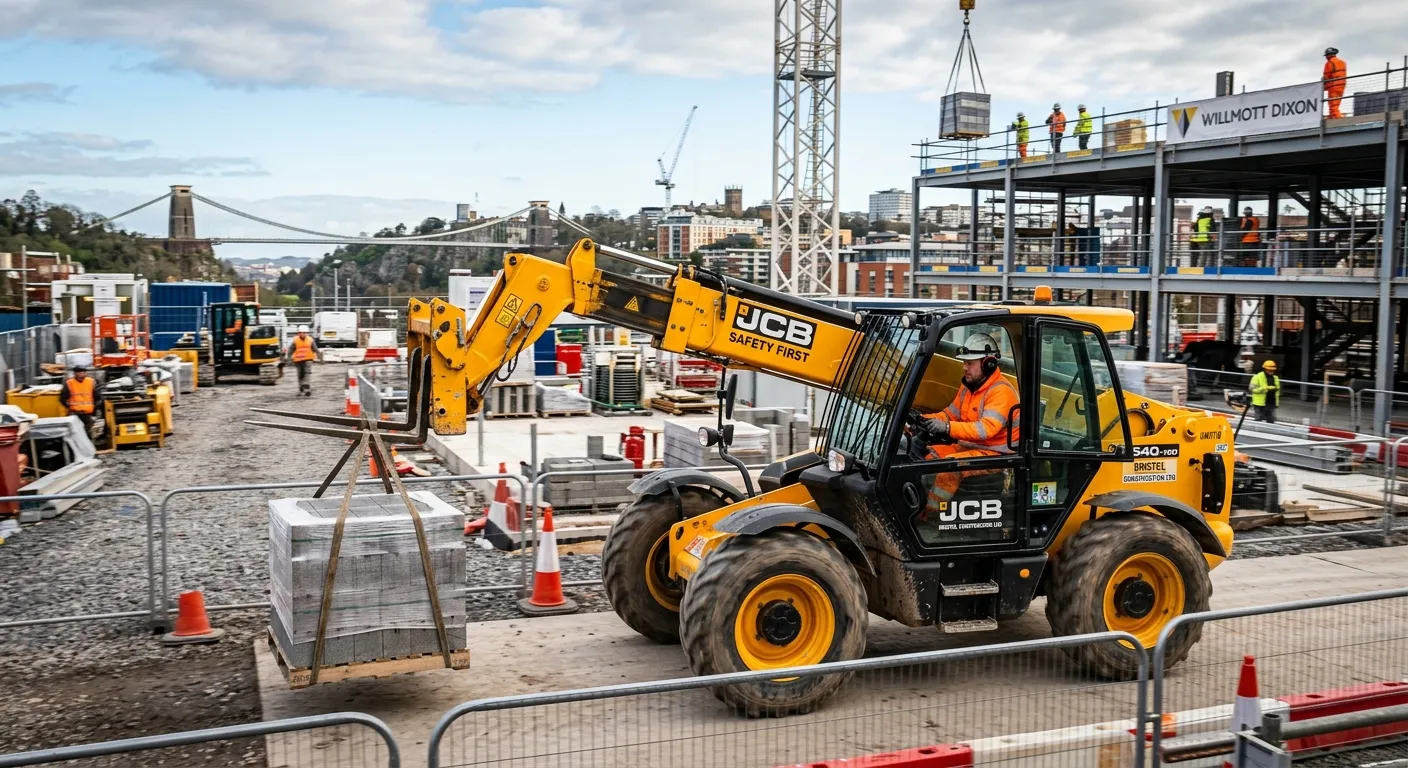 A professional, high-energy photo of a skilled telehandler operator safely maneuvering materials on a busy, well-organised construction site in Bristol. The image should convey safety, precision, and industrial activity, with the telehandler in clear focus.