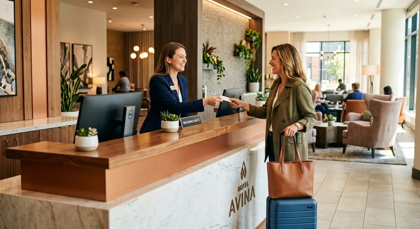 A modern, vibrant hotel lobby with a professional receptionist warmly greeting a guest. The image sh... A modern, vibrant hotel lobby with a professional receptionist warmly greeting a guest. The image should have a bright, welcoming feel, focusing on the interaction and the sleek front desk. Style: Professional photography, high resolution, warm lighting.