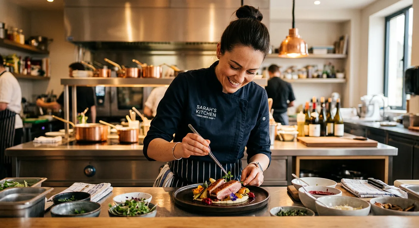 A professional freelance chef in a modern kitchen, plating an elegant dish. The chef is smiling, con... A professional freelance chef in a modern kitchen, plating an elegant dish. The chef is smiling, conveying confidence and skill. The image has a warm, inviting tone with sharp focus on the food.
