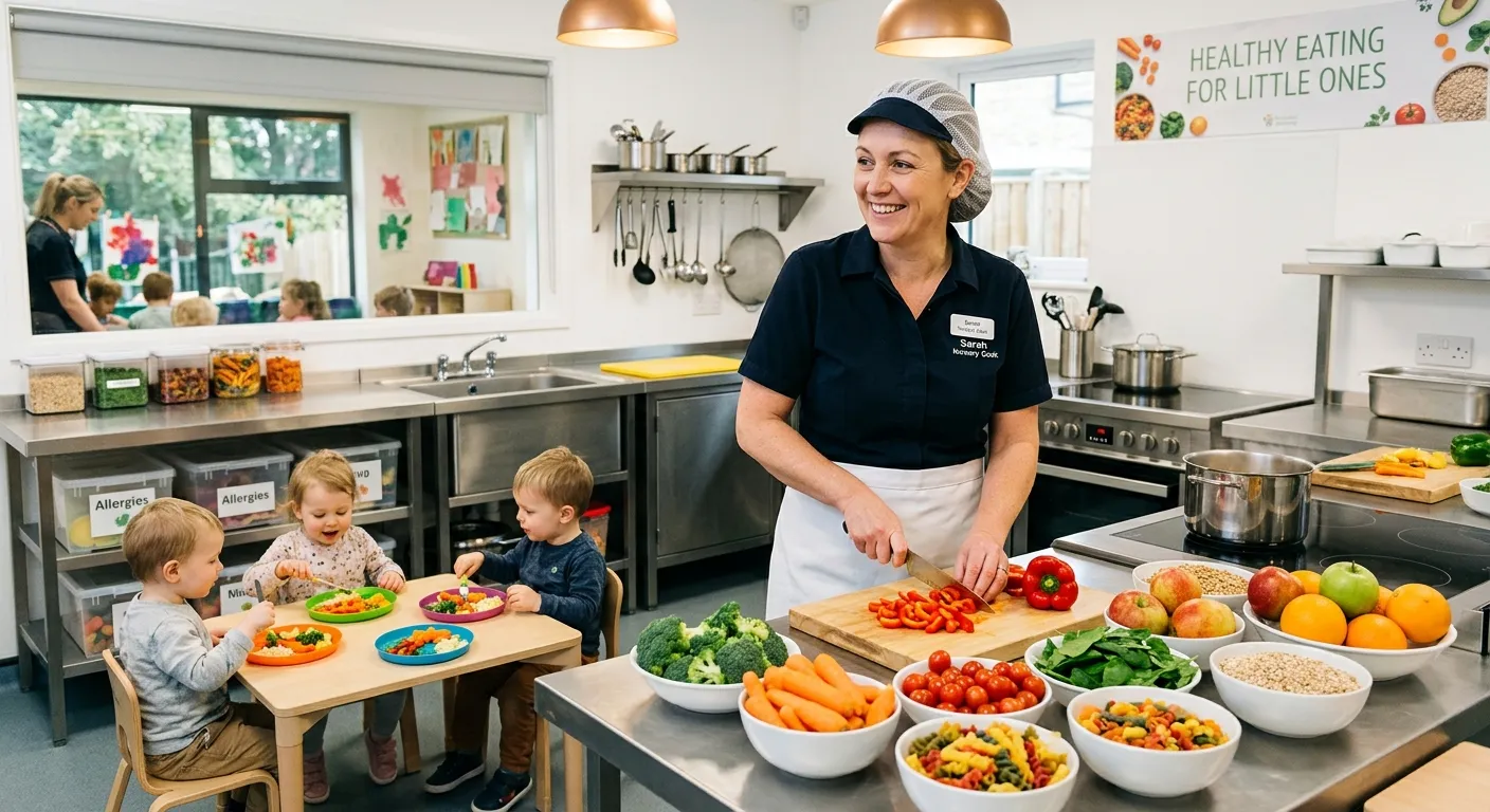 A professional and welcoming kitchen environment in a modern nursery setting. The image should show... A professional and welcoming kitchen environment in a modern nursery setting. The image should show a friendly, qualified cook preparing healthy, colourful meals for children, with a focus on fresh ingredients and a clean, safe workspace. The mood should be warm, nurturing, and professional.
