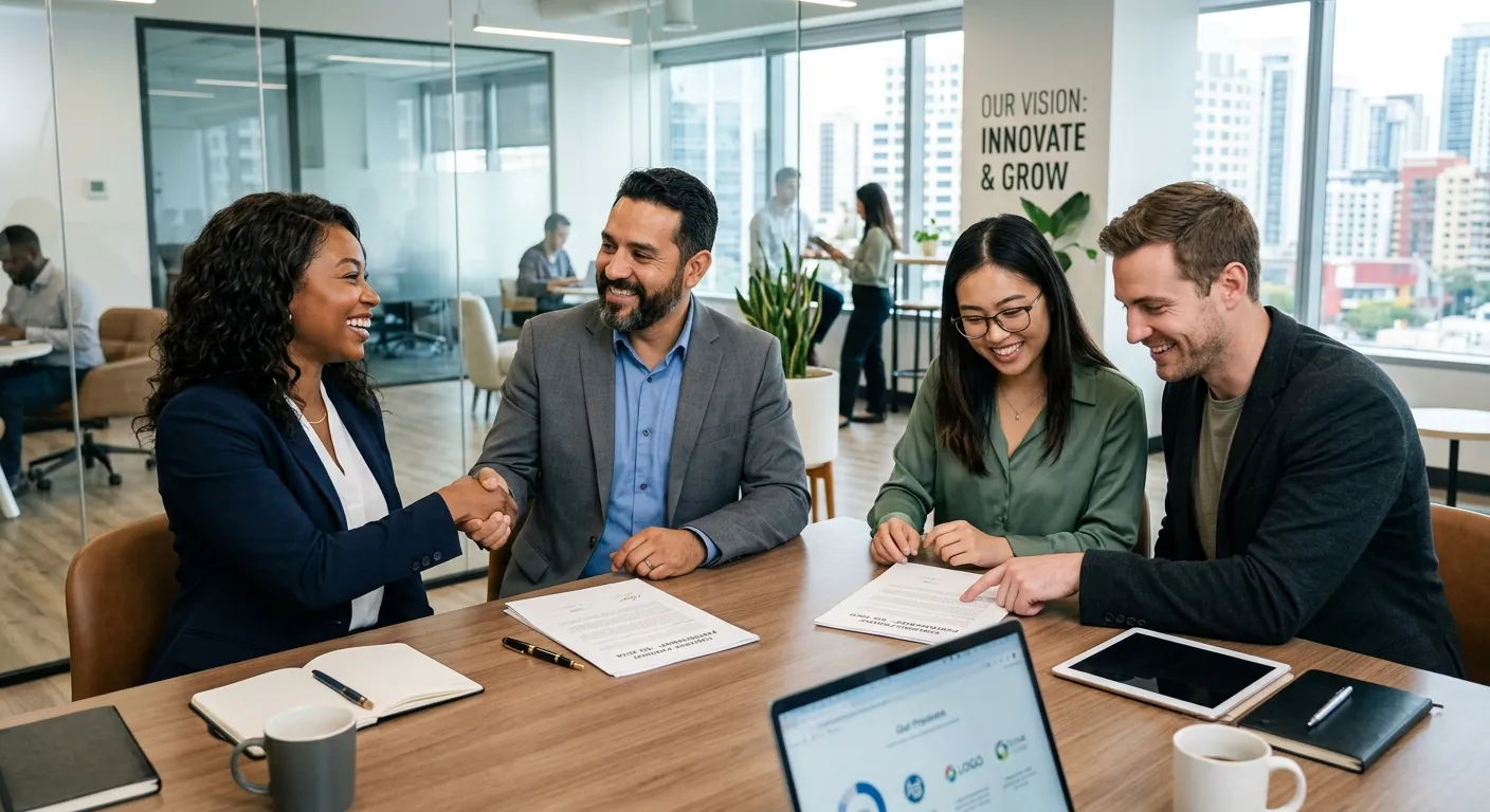 A diverse group of professional workers in an office, some shaking hands, some looking at a contract. Style is modern, bright, and aspirational, focusing on career progression and teamwork.
