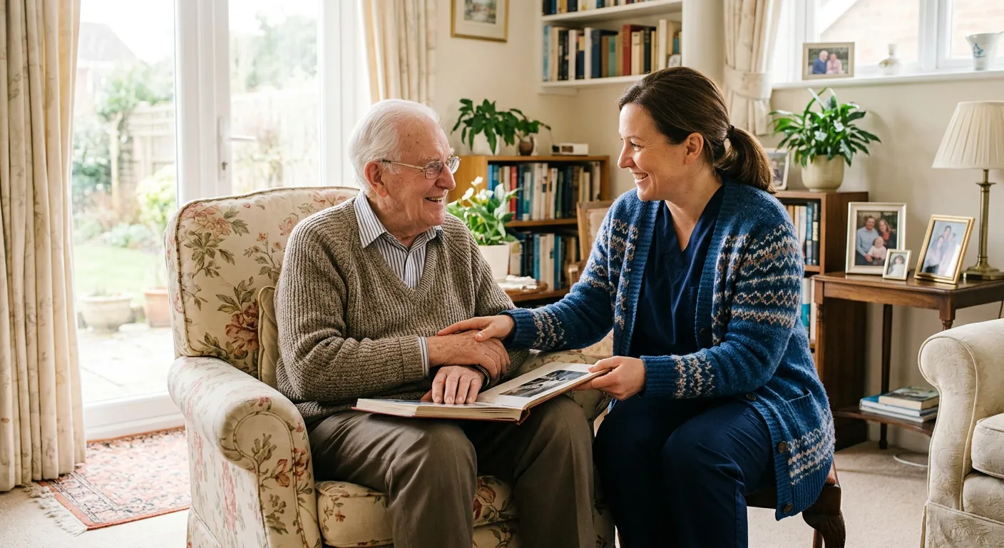 A professional, warm, and empathetic scene of a carer smiling while assisting an elderly person in a... A professional, warm, and empathetic scene of a carer smiling while assisting an elderly person in a clean, sunlit home environment. Style: High-quality, authentic, and heartwarming professional photography.