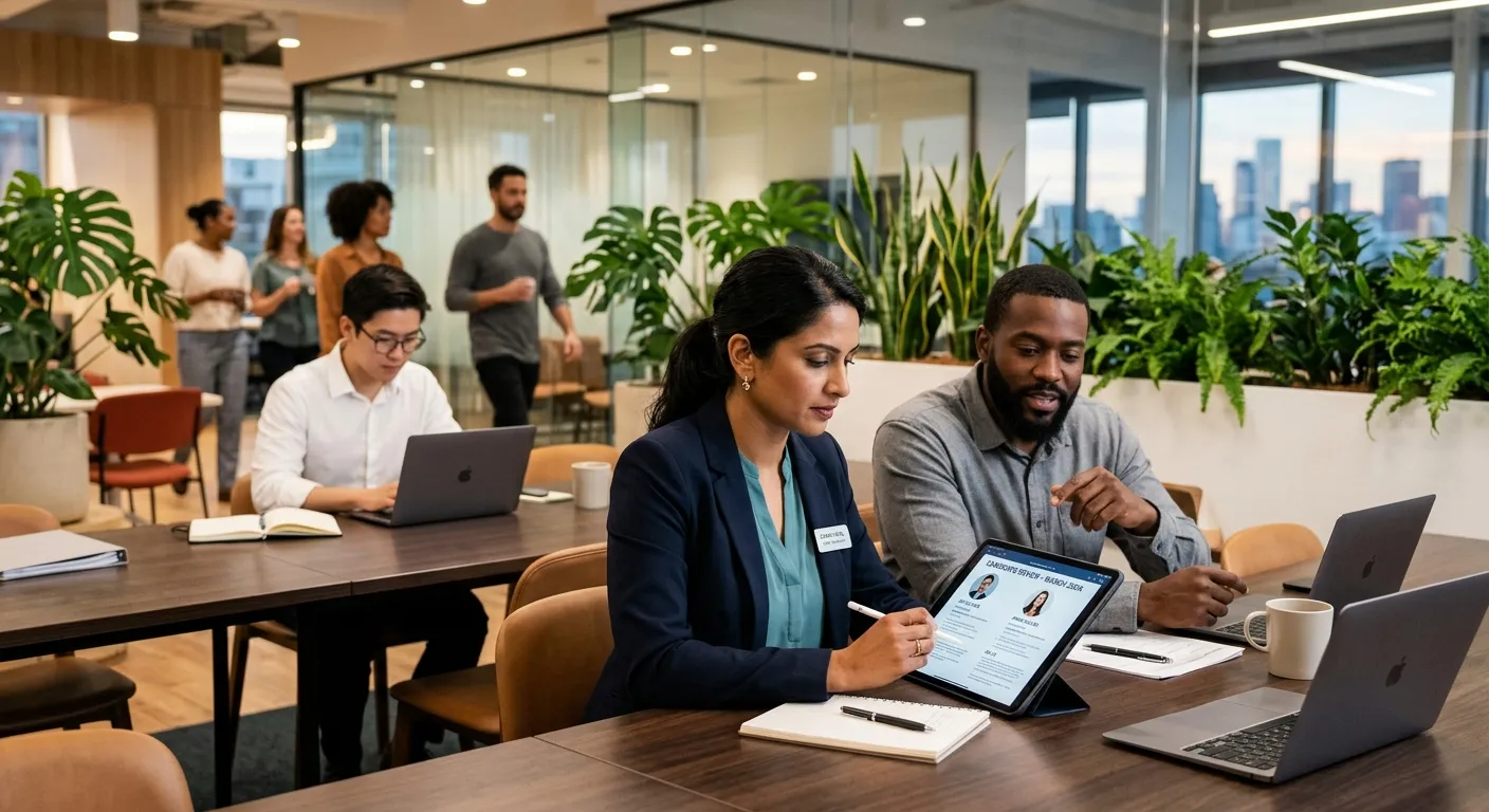 A modern, professional workspace with a diverse team collaborating. Focus on a hiring manager reviewing candidate profiles on a digital tablet, with a blurred background of office plants and glass walls. Style: Corporate, vibrant, and forward-looking.