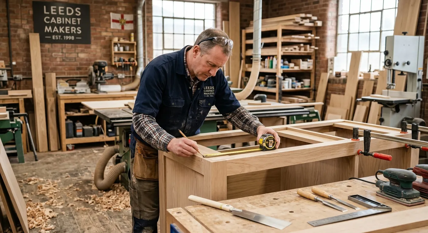 A professional cabinet maker in a workshop in Leeds, carefully measuring and assembling a high-quality kitchen cabinet unit, showcasing precision and skill. Style: realistic, well-lit, professional mood.