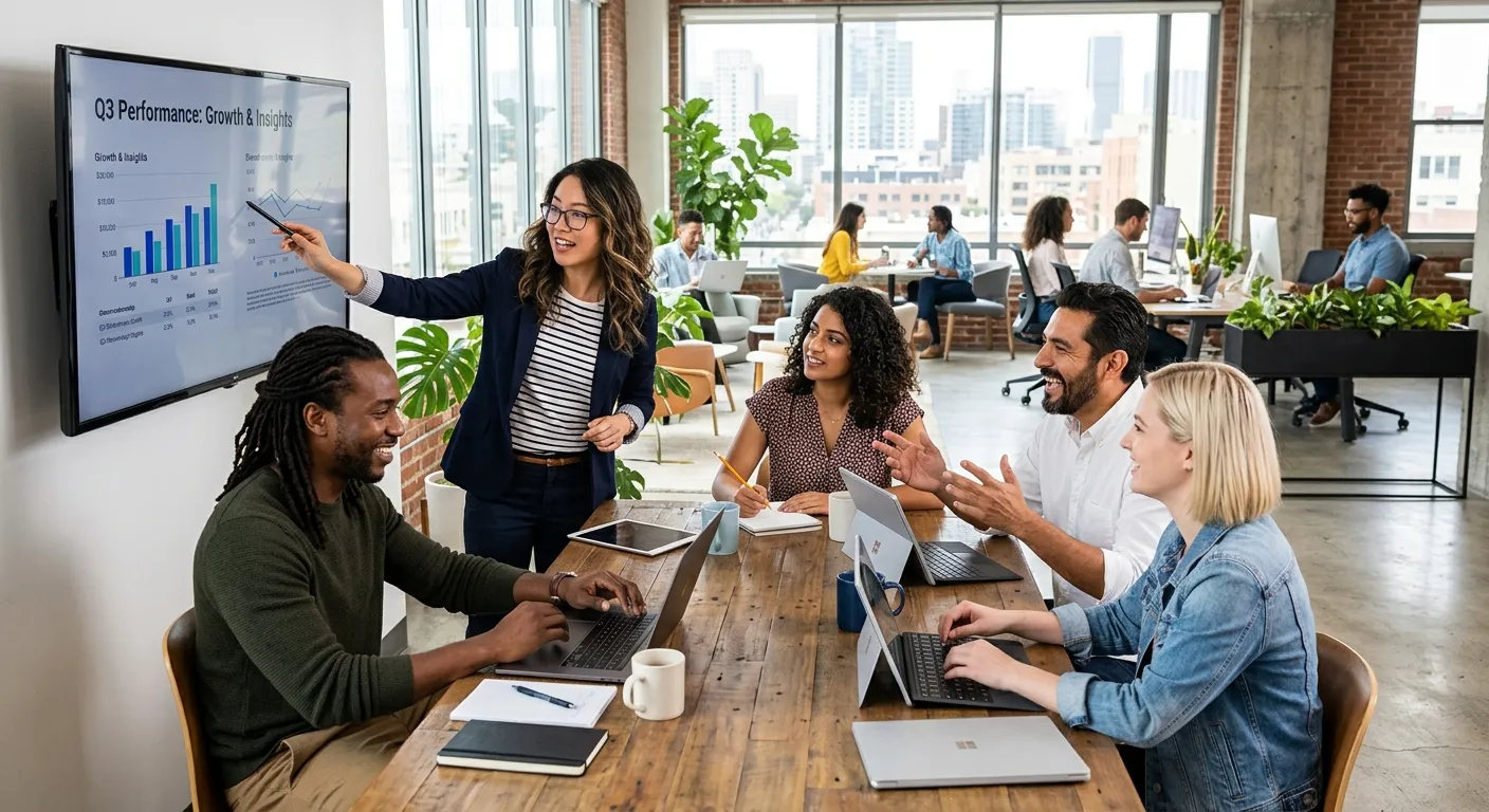 A modern, diverse team of professionals collaborating in a bright, open-plan office. Style is professional, high-resolution, with a focus on teamwork and dynamic interaction.