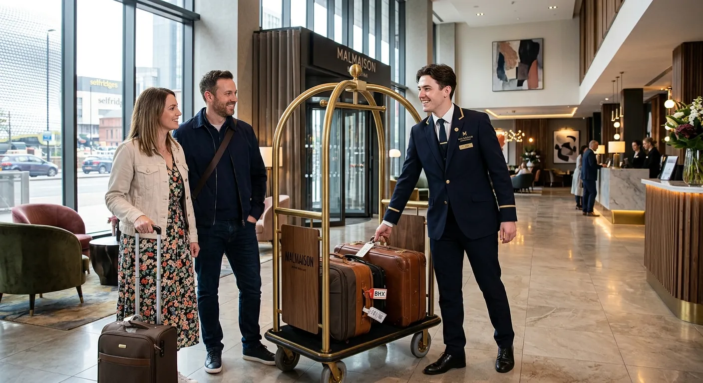 A professional, welcoming image of a smartly dressed Hotel Porter in a modern Birmingham hotel lobby, assisting guests with luggage. The porter is smiling, the background shows elegant hotel interiors, conveying a sense of professionalism and hospitality. Style: Bright, realistic, aspirational.
