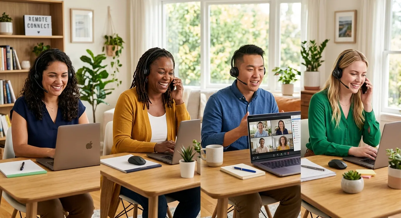 A modern, diverse team of remote receptionists working on laptops in a bright, home-office setting, smiling and wearing headsets. Professional, aspirational mood.