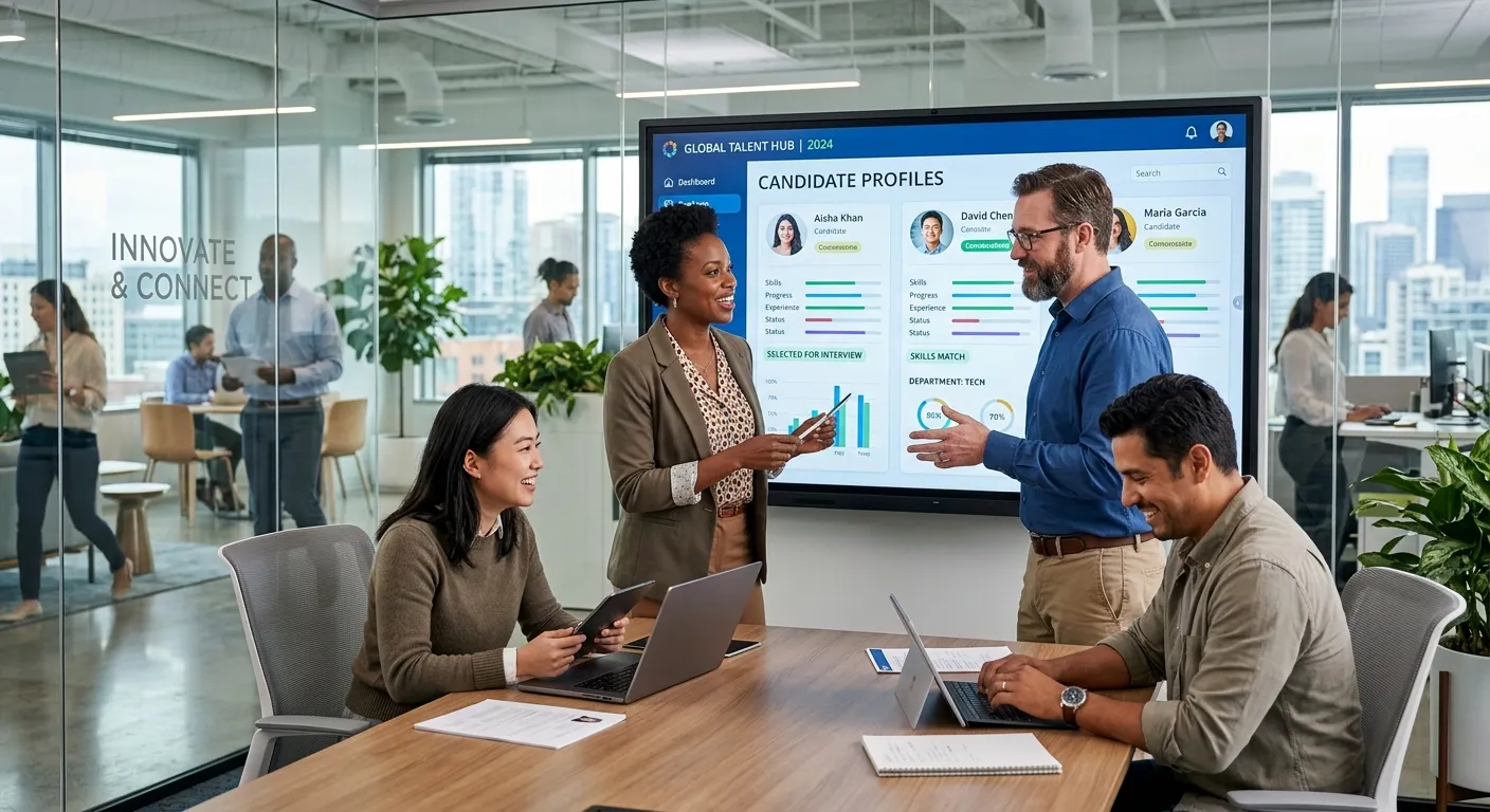 A dynamic, professional image of a diverse team collaborating in a modern office environment, with H... A dynamic, professional image of a diverse team collaborating in a modern office environment, with HR professionals reviewing candidate profiles on a digital dashboard. Style: High-resolution, optimistic, and forward-looking. Mood: Innovative, efficient, and connected.