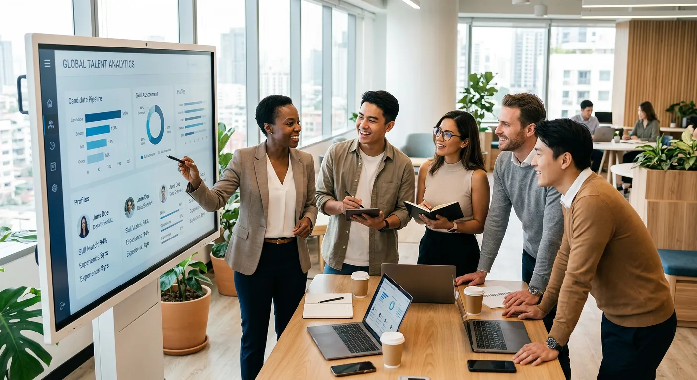 A diverse group of modern professionals collaborating in a bright, sunlit office. They are gathered around a large screen displaying data analytics and candidate profiles. Style: professional, vibrant, and aspirational. Mood: productive, innovative, and successful.