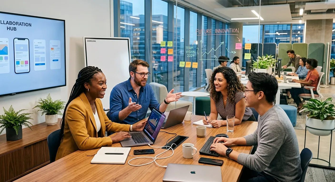 A dynamic, modern office scene with diverse professionals collaborating. Style is vibrant, professio... A dynamic, modern office scene with diverse professionals collaborating. Style is vibrant, professional, with a focus on connection and technology. Mood is energetic and future-forward.