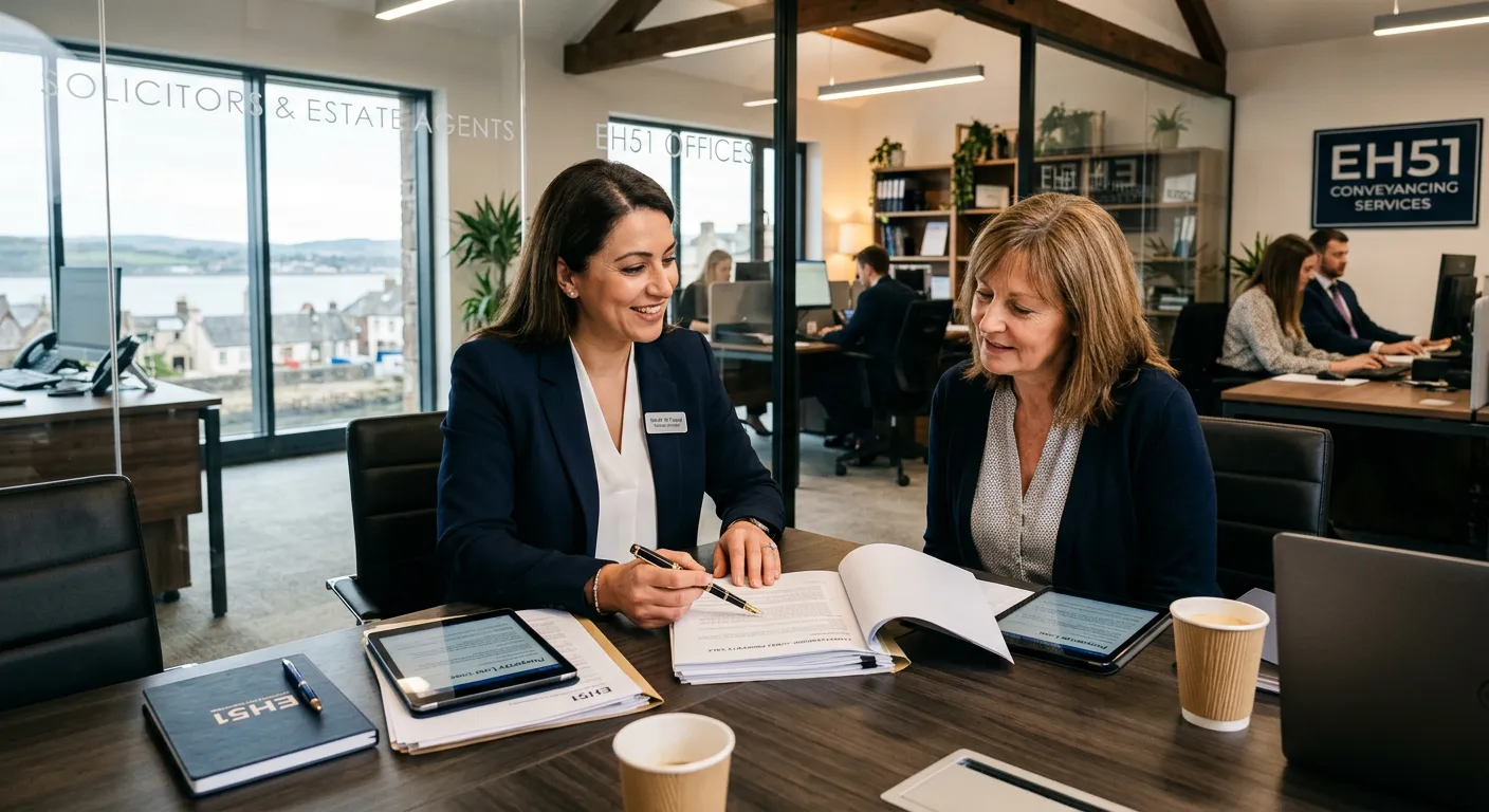 A professional, confident property solicitor in a modern office in the EH51 area, reviewing legal do... A professional, confident property solicitor in a modern office in the EH51 area, reviewing legal documents with a client. The image should convey expertise, trust, and a fast-paced, professional environment.