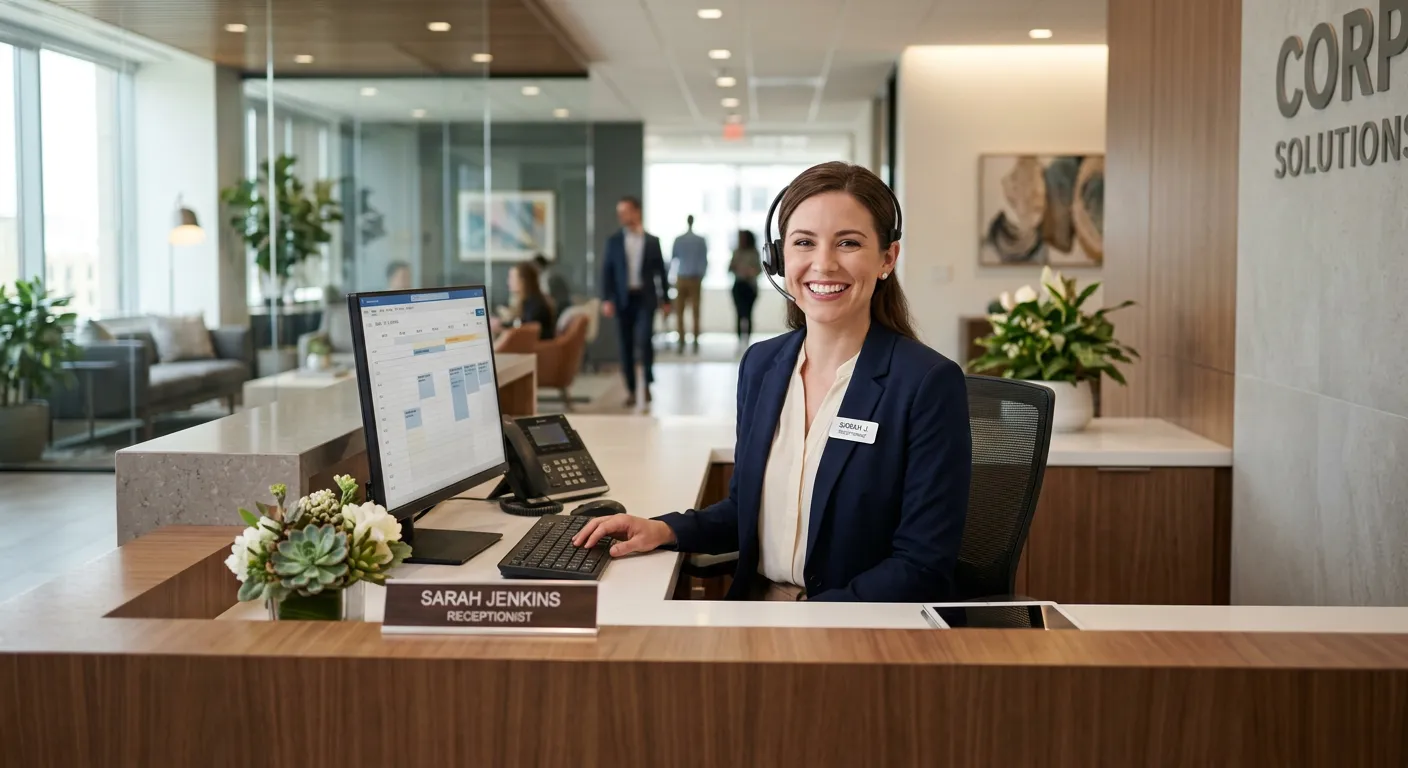 A professional, warm, and welcoming receptionist smiling at a modern front desk with a headset, surrounded by a clean, organized office environment. The image should convey professionalism, approachability, and competence. Soft natural lighting with a modern corporate aesthetic.