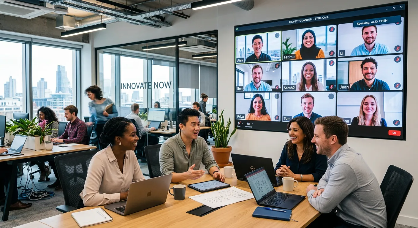 A dynamic, modern office scene with a diverse team collaborating seamlessly. One group is in-office, another appears on a large video call screen, symbolizing integrated staff augmentation. Style: Professional, high-energy, with a focus on technology and human connection.