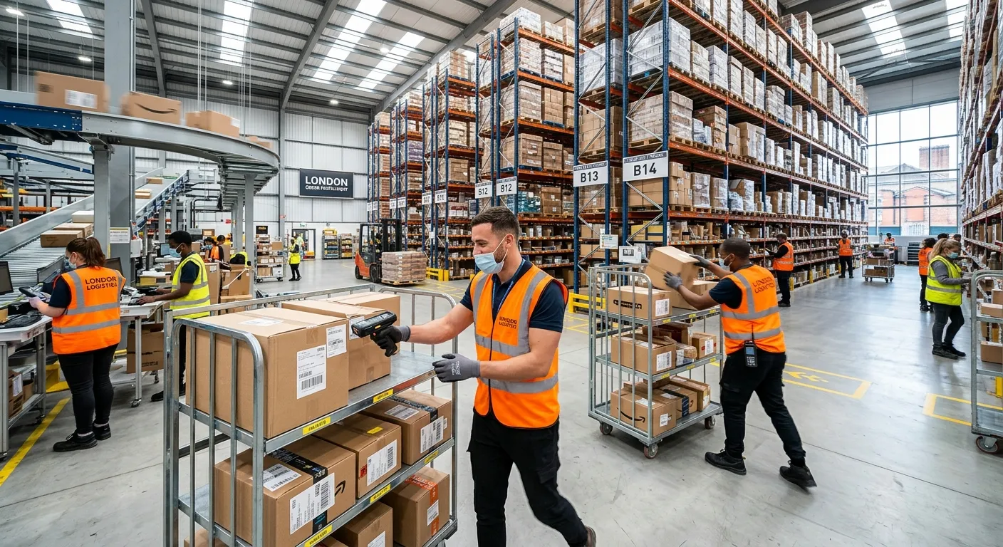 A dynamic, professional shot of a modern, efficient warehouse in London with picker packers in high-vis vests using handheld scanners, showcasing organization and speed. Style: Bright, sharp, and professional.