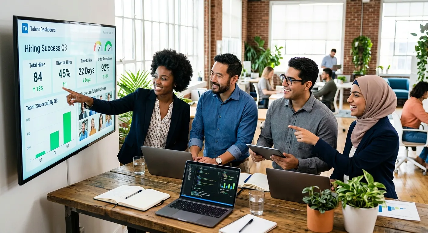 Modern, diverse team of professionals in a bright, collaborative office setting, looking at a data dashboard showing successful hiring metrics. Style: Professional stock photo, high contrast, vibrant colors.