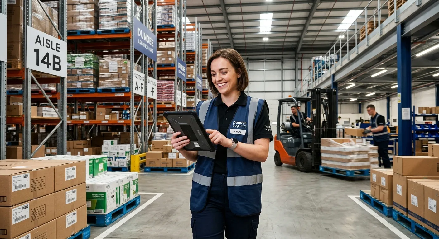 A professional and energetic photo of a Logistics Coordinator in a modern warehouse or distribution... A professional and energetic photo of a Logistics Coordinator in a modern warehouse or distribution centre in Dundee, using a tablet to check inventory. The mood is efficient, organised, and forward-moving.