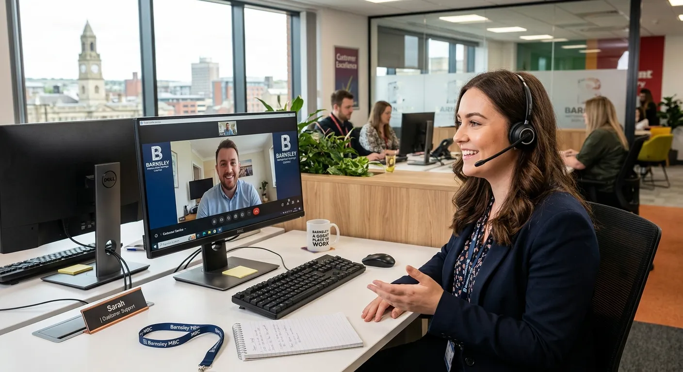 A professional, friendly customer service representative in a modern Barnsley office setting, smilin... A professional, friendly customer service representative in a modern Barnsley office setting, smiling while wearing a headset and speaking to a customer on a computer screen, conveying a sense of helpfulness and local professionalism.