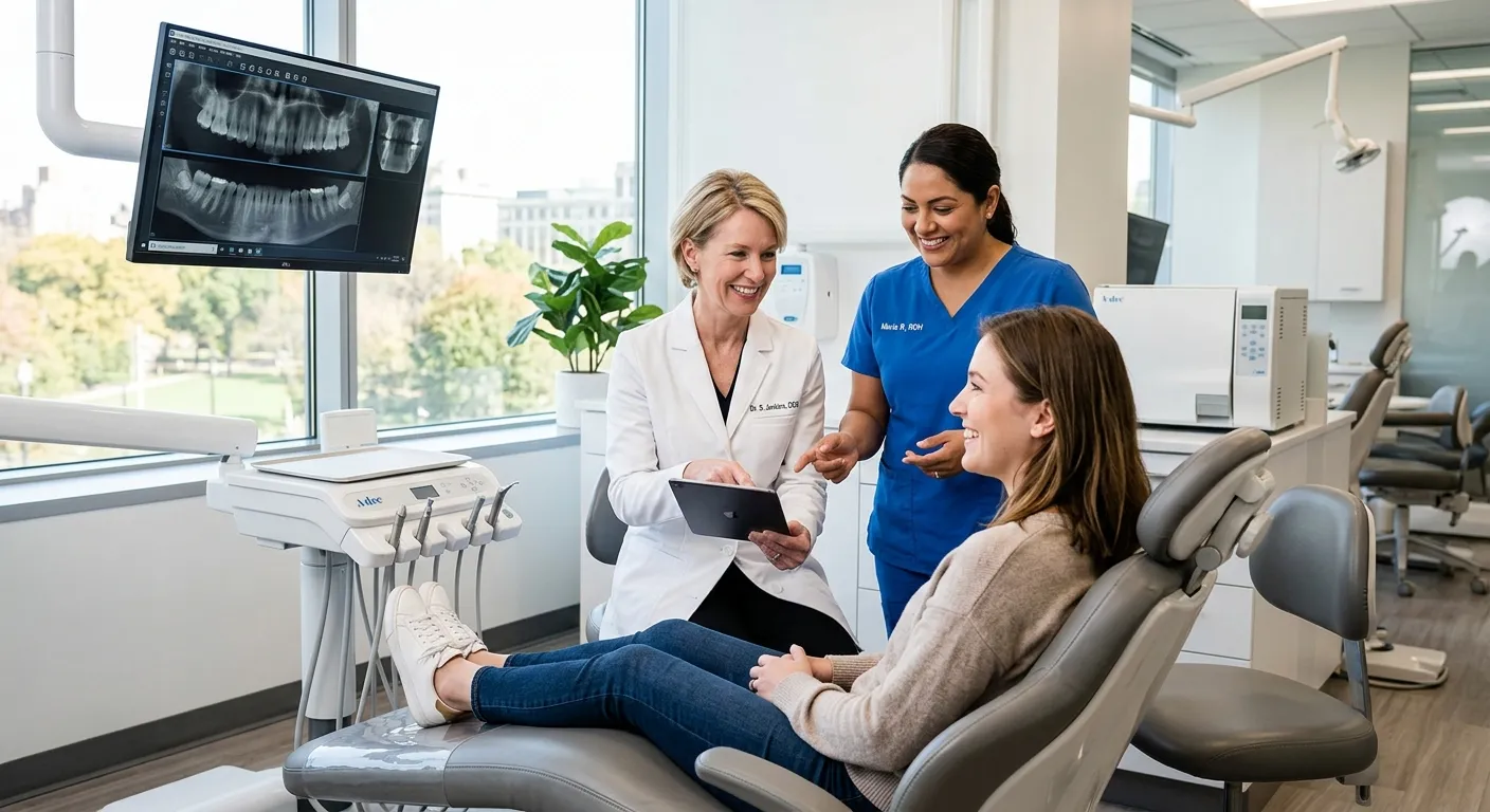 A professional, well-lit photo of a friendly dental hygienist and dentist consulting with a patient... A professional, well-lit photo of a friendly dental hygienist and dentist consulting with a patient in a modern, clean dental clinic. Focus on the teamwork and professional environment.