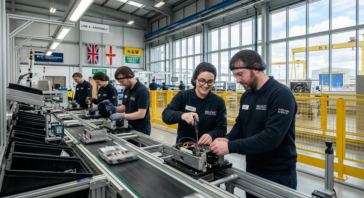 A dynamic, professional photograph of a modern, clean assembly line in a Belfast manufacturing facil... A dynamic, professional photograph of a modern, clean assembly line in a Belfast manufacturing facility. Focus on skilled workers assembling components, showcasing teamwork and precision. Style: Bright, clear, and aspirational.