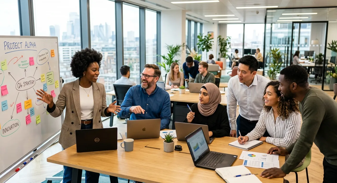 A modern, diverse group of professionals collaborating in a bright, open-plan office. Style is professional photography with a focus on teamwork and dynamic energy. Mood is confident, efficient, and forward-thinking.