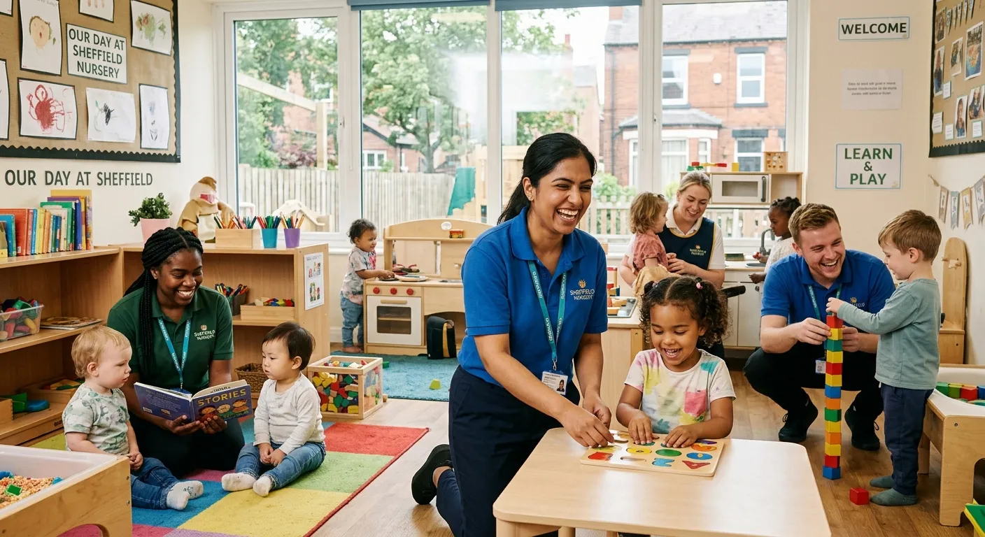 A warm, professional photo of a diverse group of nursery workers engaging happily with young childre... A warm, professional photo of a diverse group of nursery workers engaging happily with young children in a bright, well-equipped Sheffield nursery setting.
