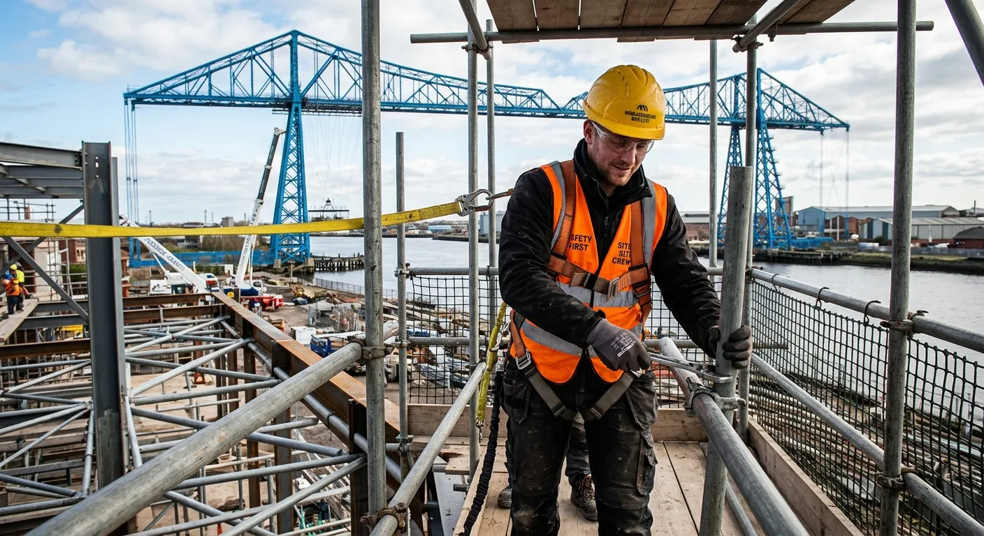 A professional, high-quality photo of a scaffolder in full PPE (hard hat, hi-vis vest, safety harnes... A professional, high-quality photo of a scaffolder in full PPE (hard hat, hi-vis vest, safety harness) working confidently and safely on a modern construction site in Middlesbrough, with the iconic Transporter Bridge visible in the background. The image should convey skill, safety, and local industry.