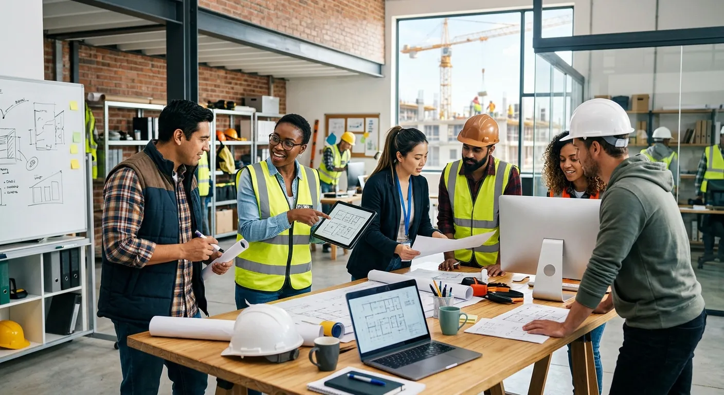 A dynamic, professional hero image showing a diverse team of temporary workers collaborating in a mo... A dynamic, professional hero image showing a diverse team of temporary workers collaborating in a modern industrial or construction office setting. Style is bright, high-contrast, and energetic, with a focus on teamwork and activity.