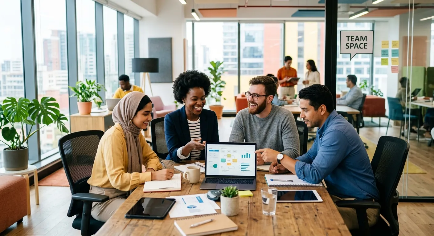 A modern, diverse team of professionals collaborating in a bright, open-plan office. Style: professional corporate photography, natural lighting, dynamic and positive mood. Focus on engagement and teamwork.