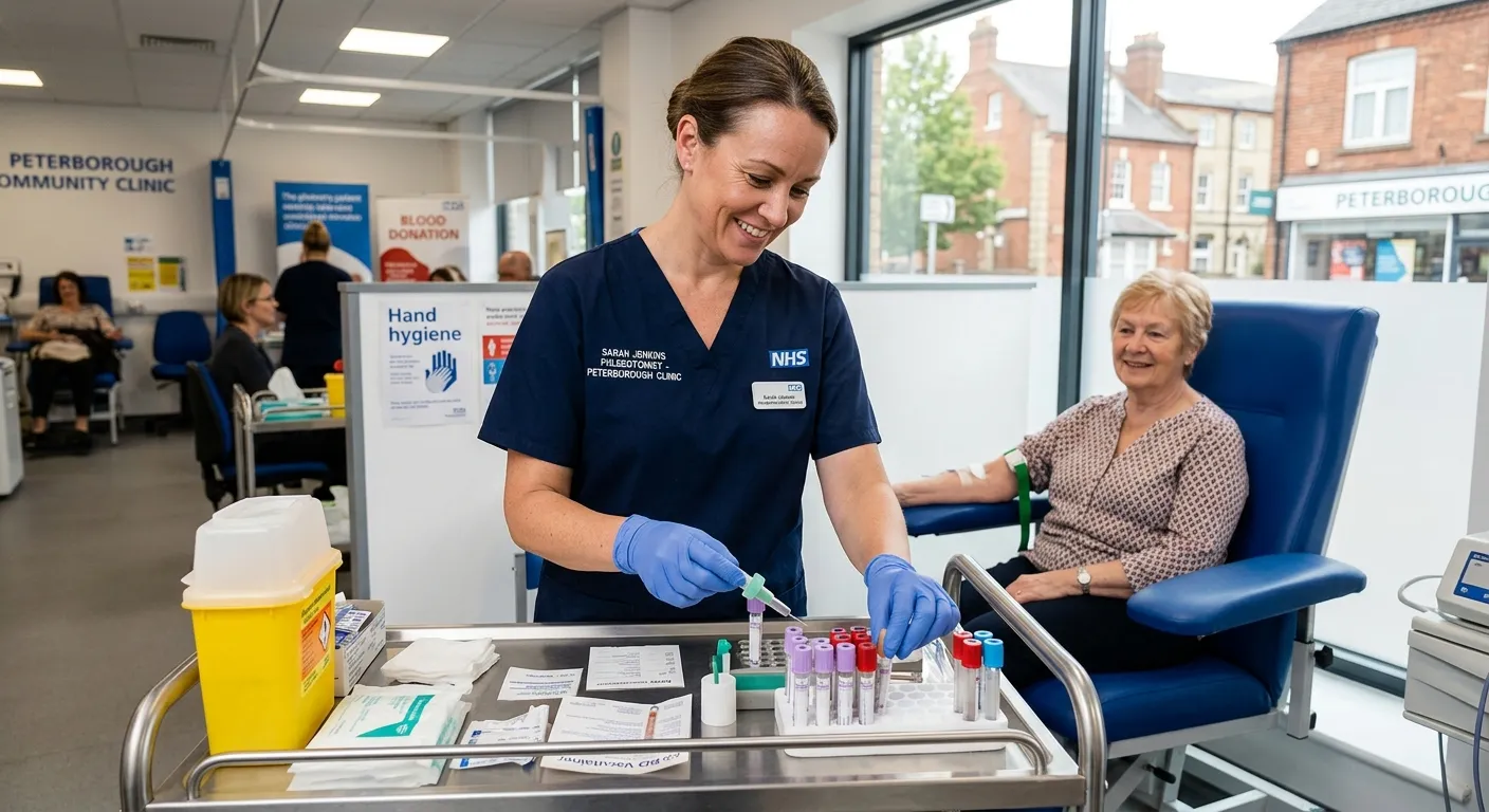 A professional, confident phlebotomist in a modern clinic setting in Peterborough, carefully preparing a blood collection kit with a patient in the background, conveying trust and clinical expertise.
