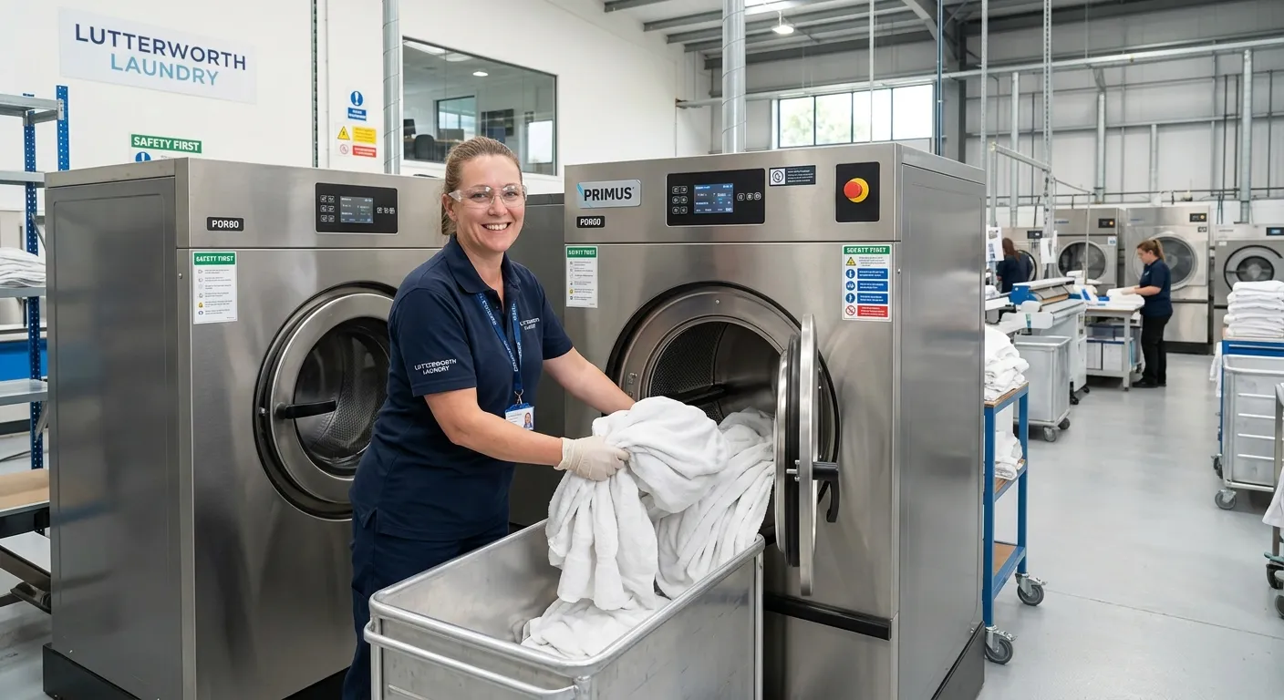 A professional, well-lit image of a modern, efficient commercial laundry facility in Lutterworth. A... A professional, well-lit image of a modern, efficient commercial laundry facility in Lutterworth. A friendly operative is loading a large industrial washing machine, showcasing a clean, organised, and safe working environment.
