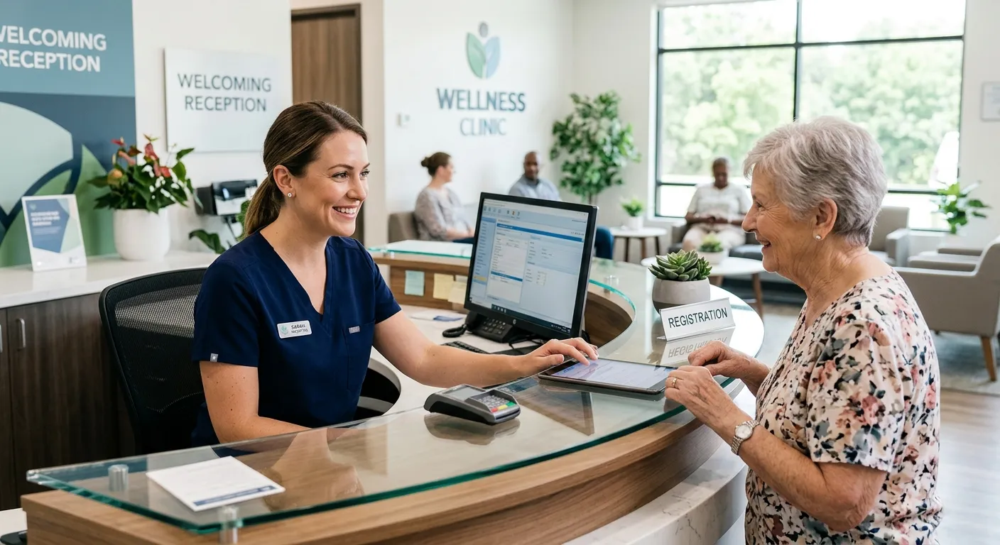 A modern, well-lit medical reception area. A professional, friendly female receptionist in scrubs is... A modern, well-lit medical reception area. A professional, friendly female receptionist in scrubs is smiling while assisting an elderly patient at a high-tech front desk. The mood is welcoming, efficient, and trustworthy. Style: Professional photography with a shallow depth of field.
