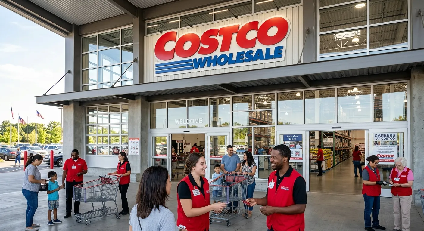 A professional, well-lit image of a modern Costco warehouse entrance with friendly employees in red vests assisting customers, conveying a sense of scale and career opportunity.