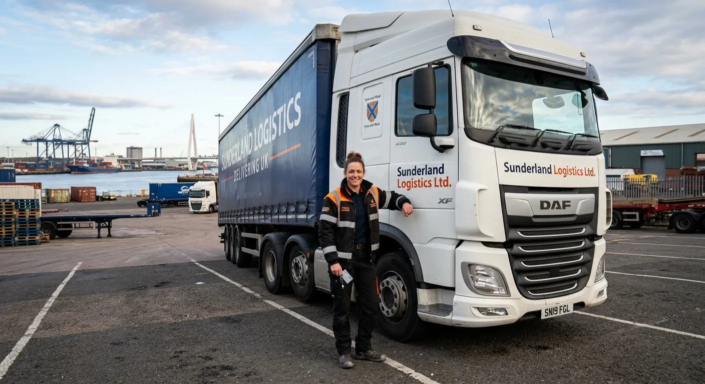 A professional, confident HGV Class 1 Driver standing proudly beside a modern articulated lorry in a... A professional, confident HGV Class 1 Driver standing proudly beside a modern articulated lorry in an industrial yard in Sunderland, with the Port of Sunderland visible in the background. The image should convey reliability, professionalism, and local relevance.