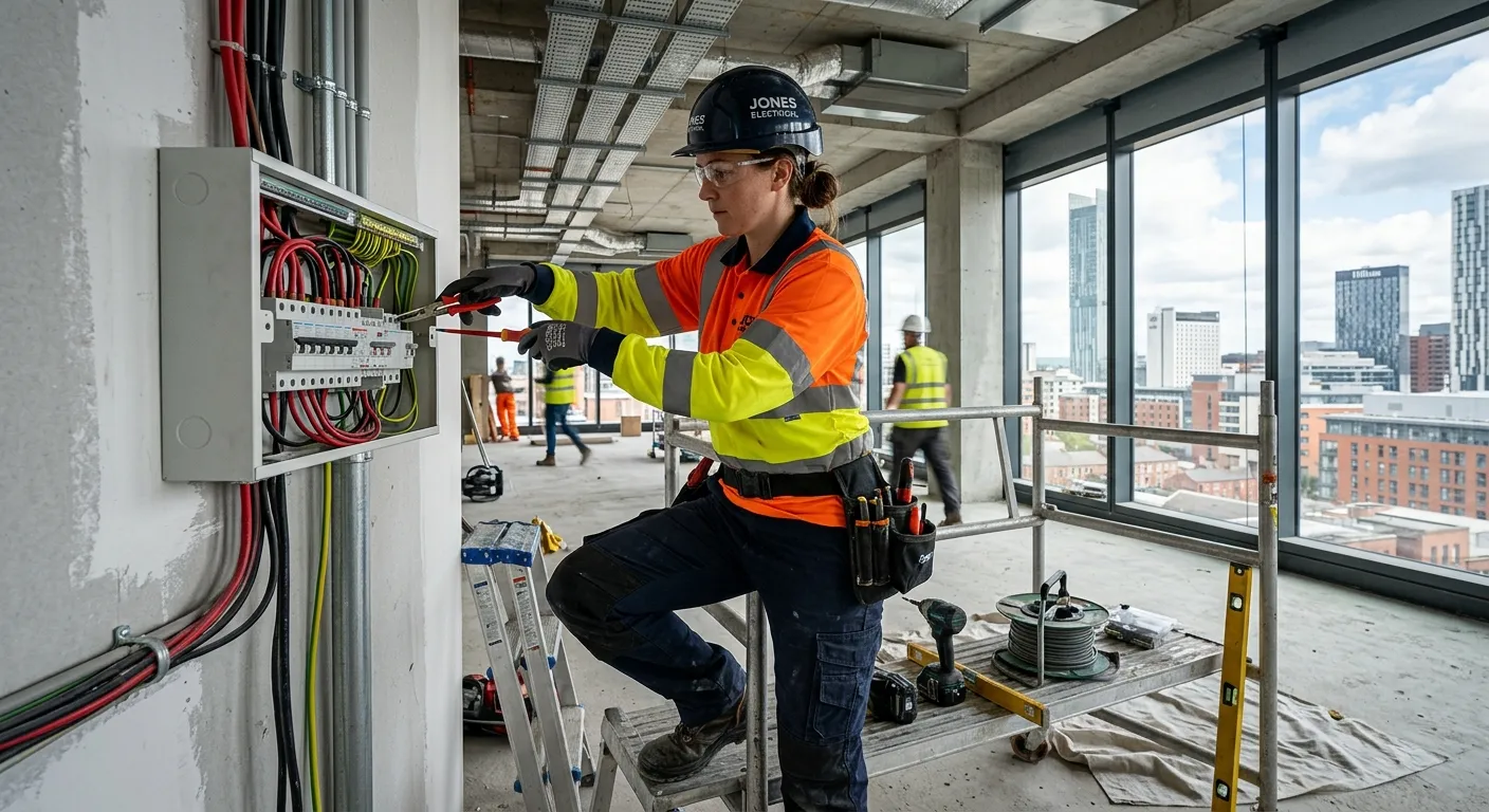 Professional electrician in hi-vis workwear, confidently installing electrical components in a modern commercial building in Manchester city centre, natural light, realistic